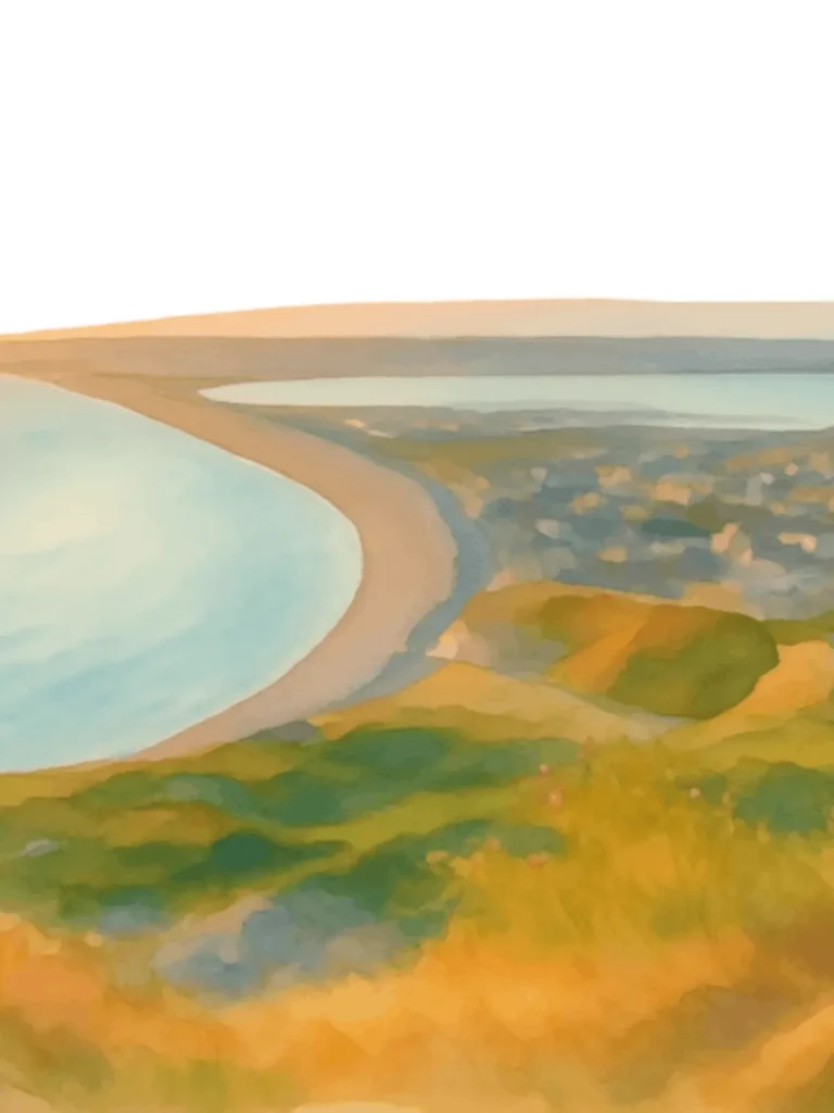 Watercolour view across Chesil Beach and The Fleet on the Dorset coast.