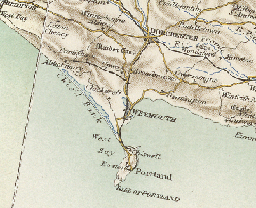 Historic map showing Weymouth, Portland and Chesil Beach on the Dorset coast.