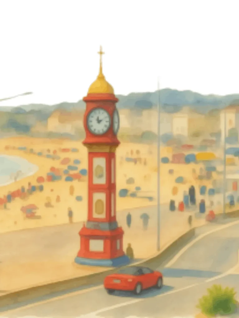 Weymouth's red Jubilee Clock overlooking the beach and seafront in Dorset.