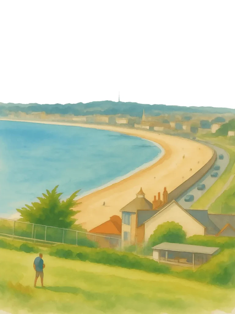 View across Weymouth Bay and the sweeping Dorset coastline from the surrounding hills.