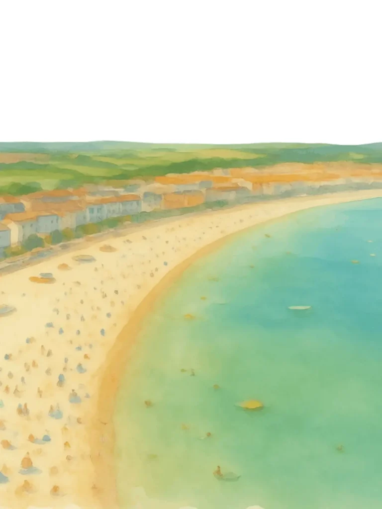Watercolour view of Weymouth Beach, the seafront and surrounding Dorset hills.